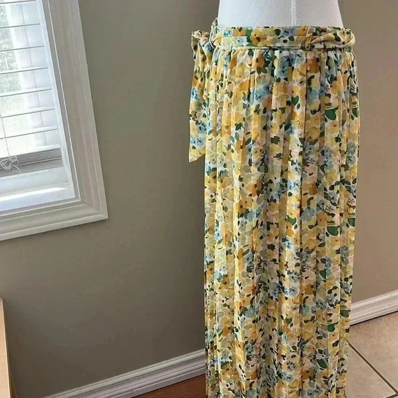 [L]Joie yellow Floral Maxi Lined Pleated Pull On Skirt  with Waist Belt - Picture 4 of 10